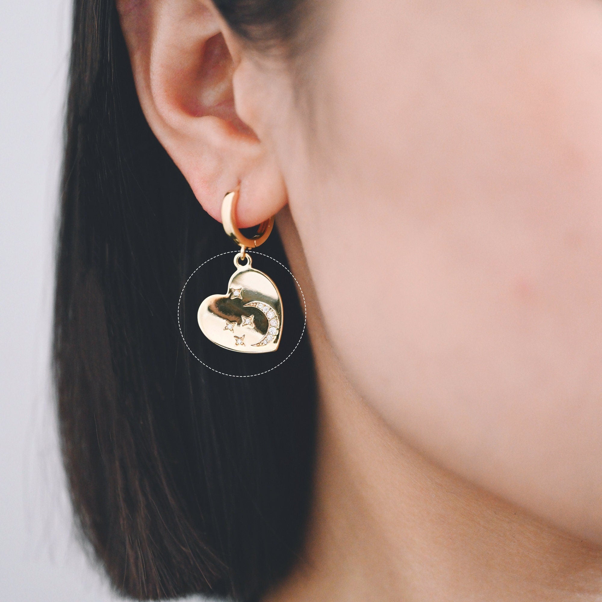 4pcs CZ pave Heart Charms, 18K Gold plated Brass, Heart Pendants with Star and Moon (GB-2277)